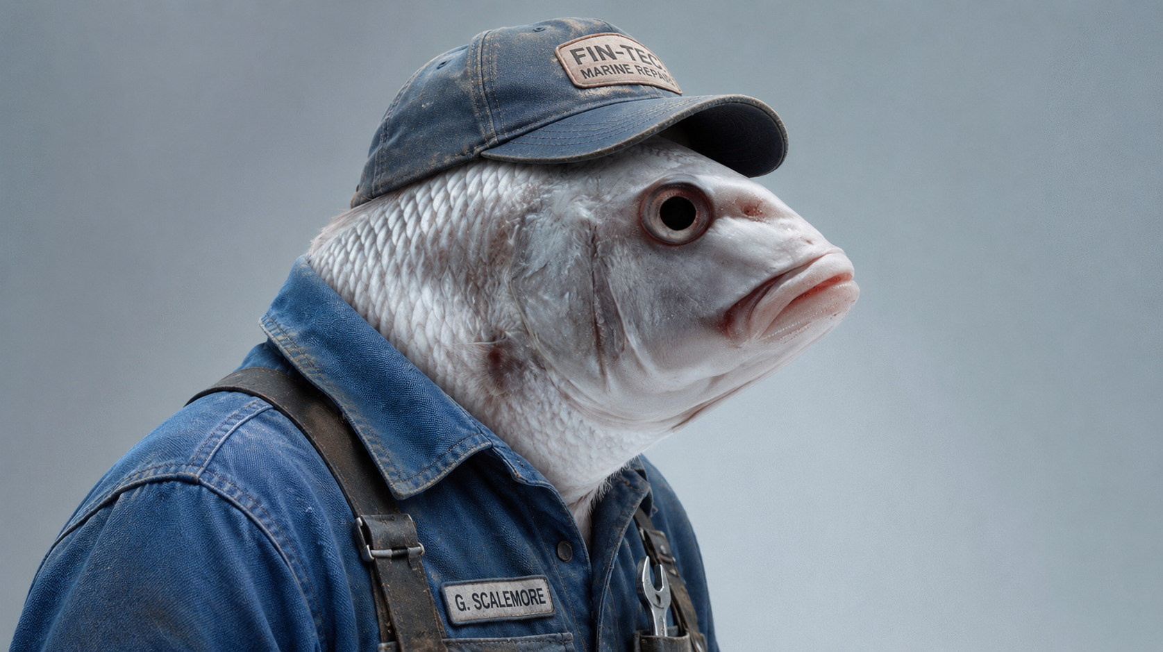 AI artwork of a fish wearing blue work clothes and a mechanic cap