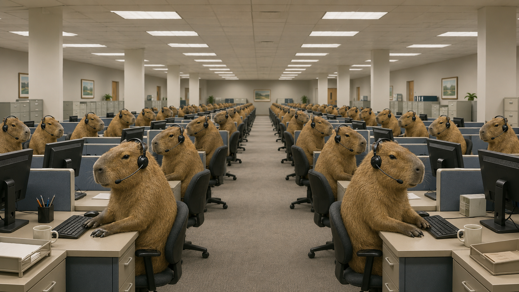 AI artwork of capybaras wearing headsets in a large corporate call center