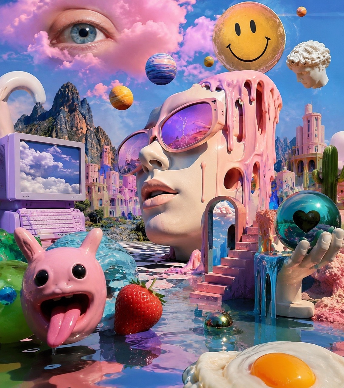 AI slop artwork of a pink surreal landscape with a face, computer, smiley planet, and floating objects