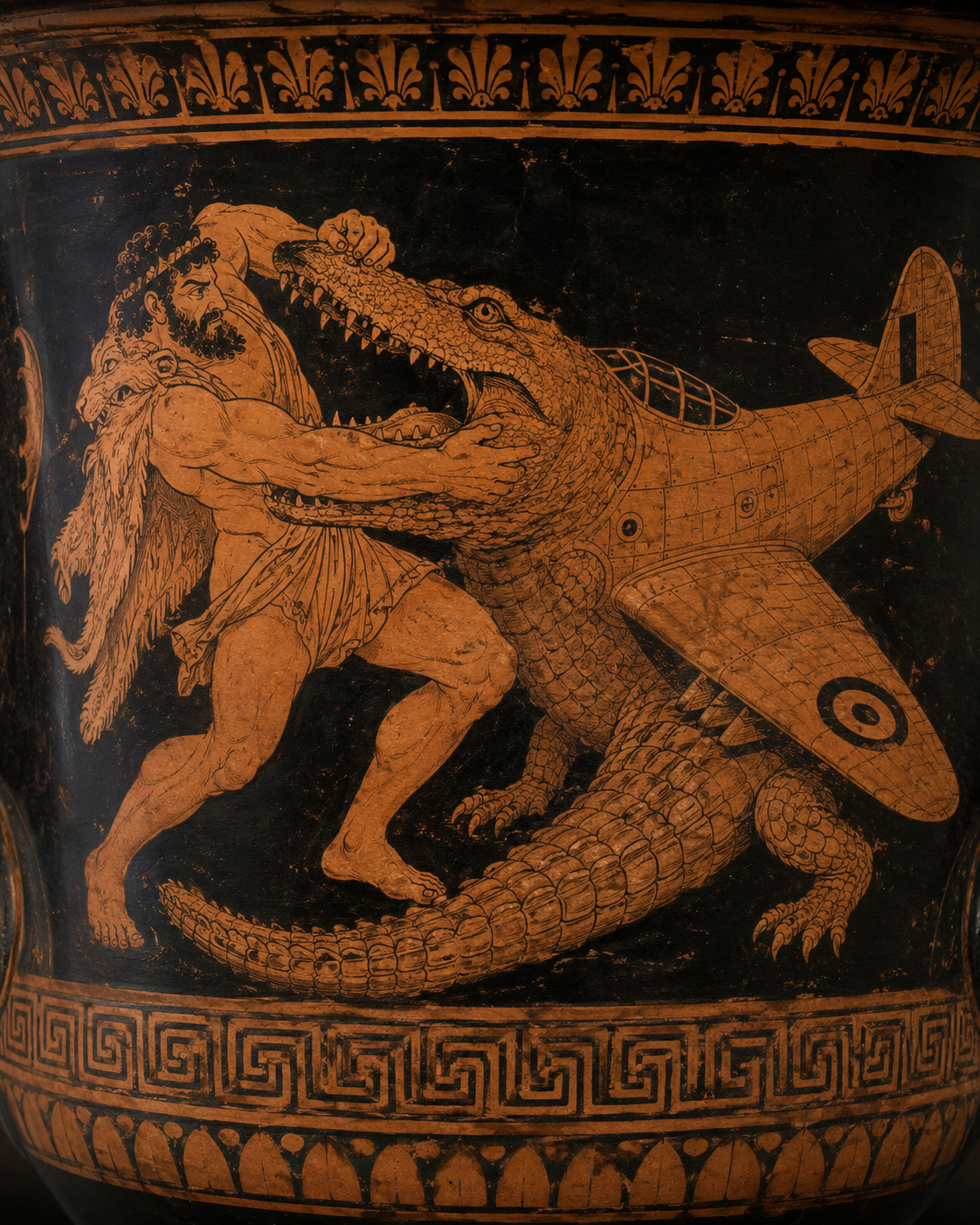 AI artwork of a classical vase scene with a figure wrestling a crocodile fused with an airplane