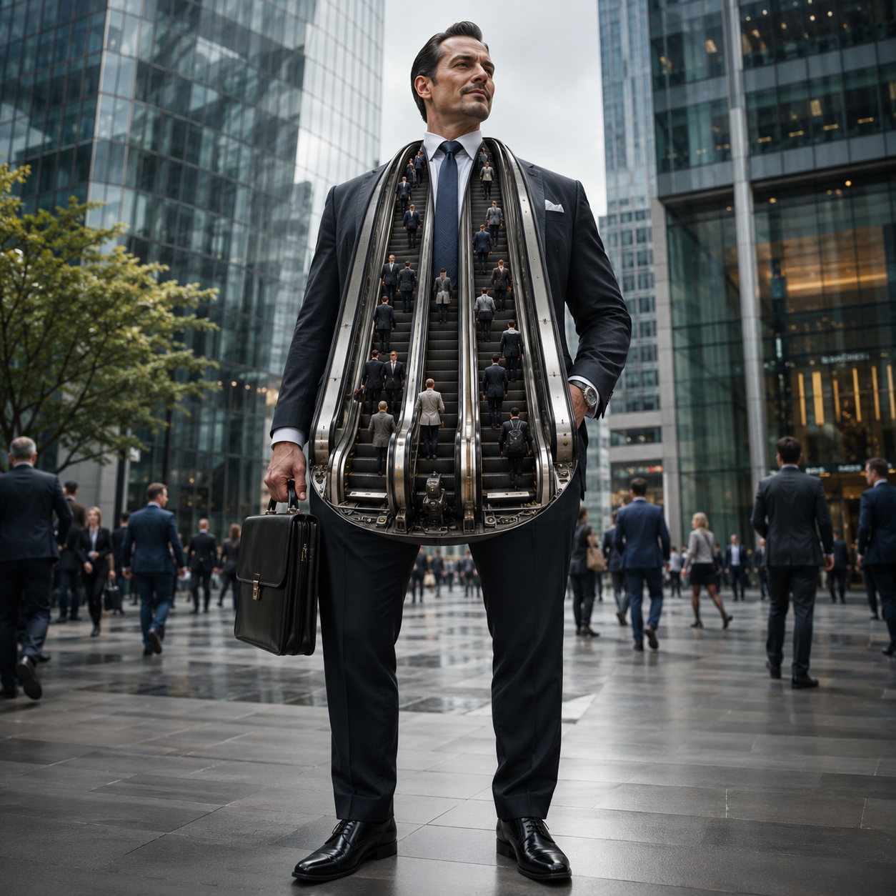 AI artwork of a business executive whose torso contains escalators carrying commuters