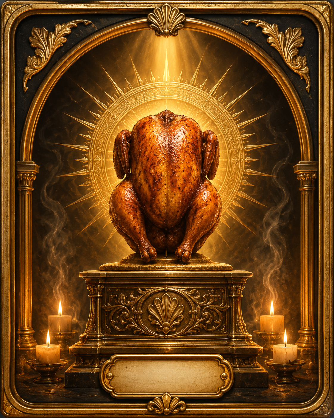 AI artwork of a roast chicken displayed as a gilded sacred altar object