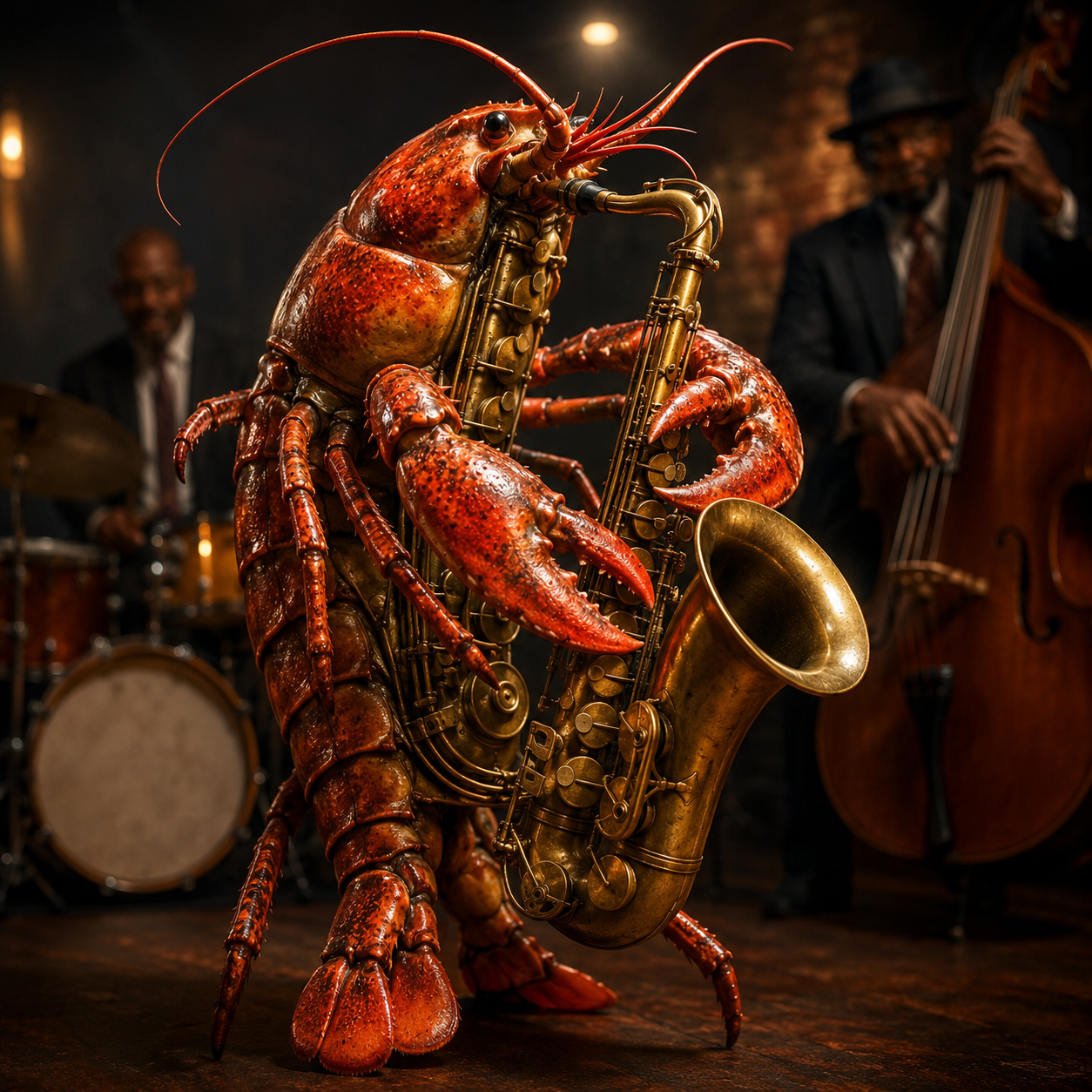 AI artwork of a lobster playing saxophone with a jazz trio behind it