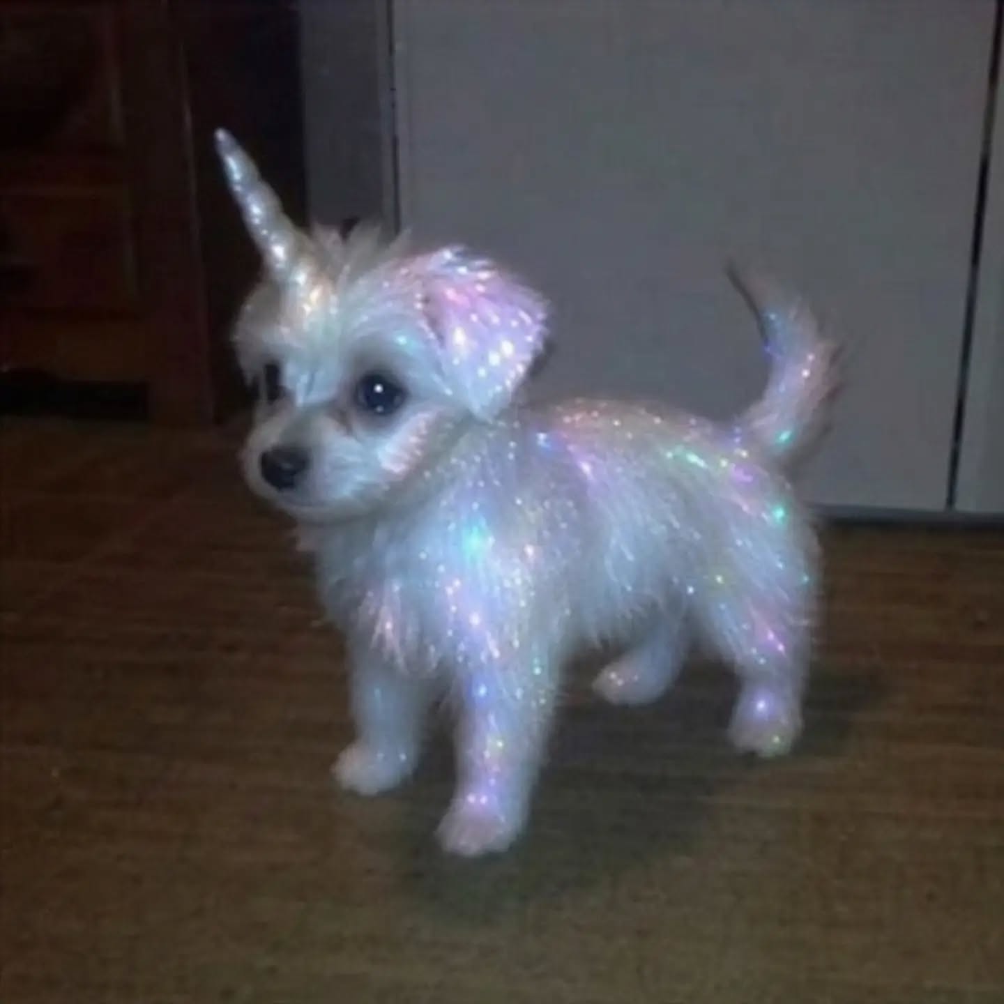 AI slop artwork of a tiny pearlescent unicorn dog standing on carpet