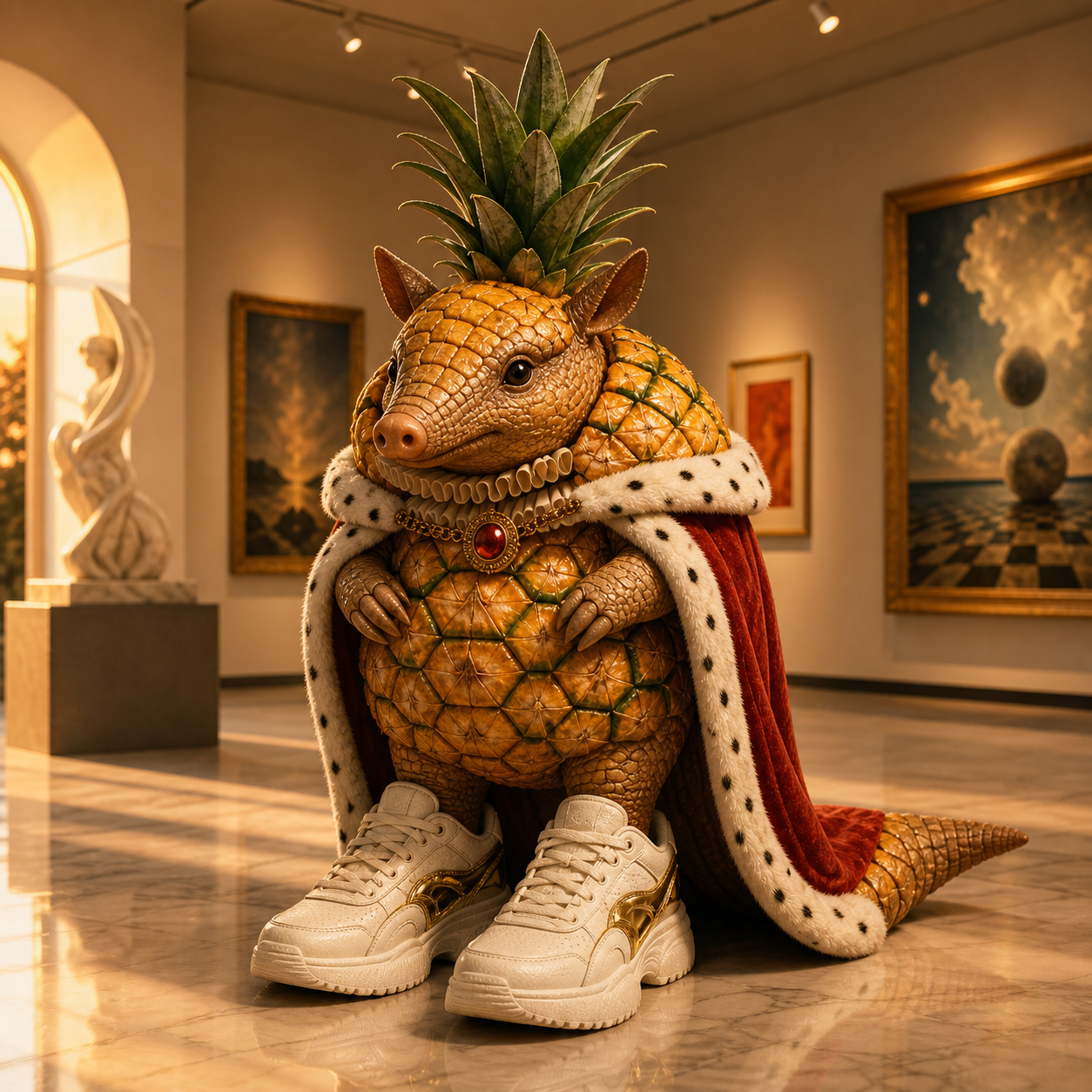 AI artwork of a pineapple armadillo in royal clothing and oversized shoes
