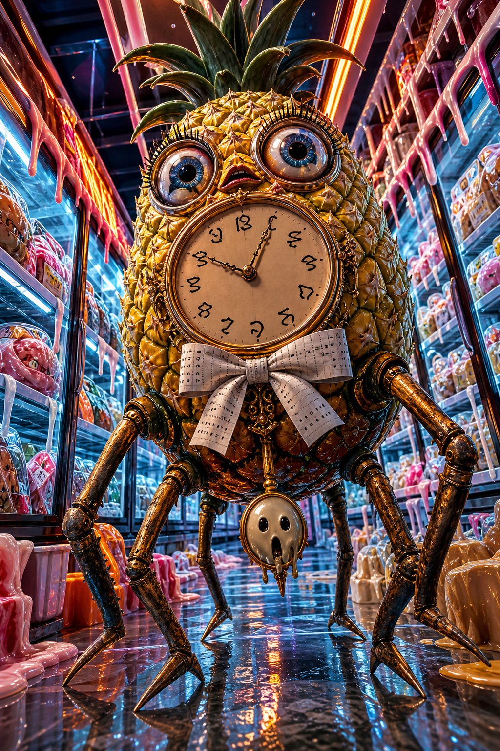 AI artwork of a pineapple clock in a surreal freezer aisle