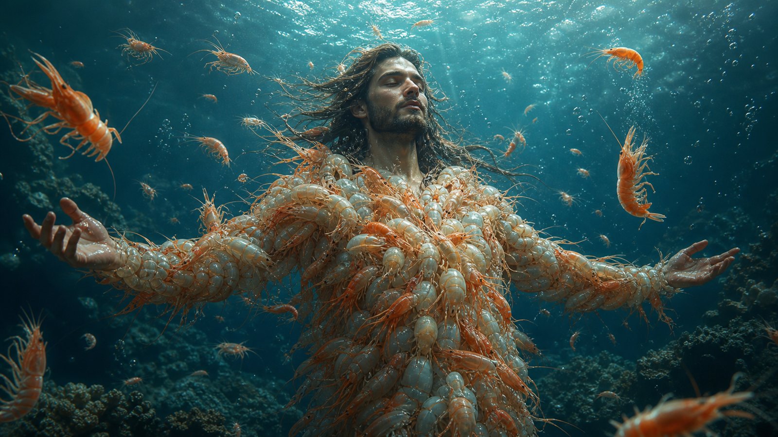 AI artwork of an underwater figure wearing a mantle of prawns