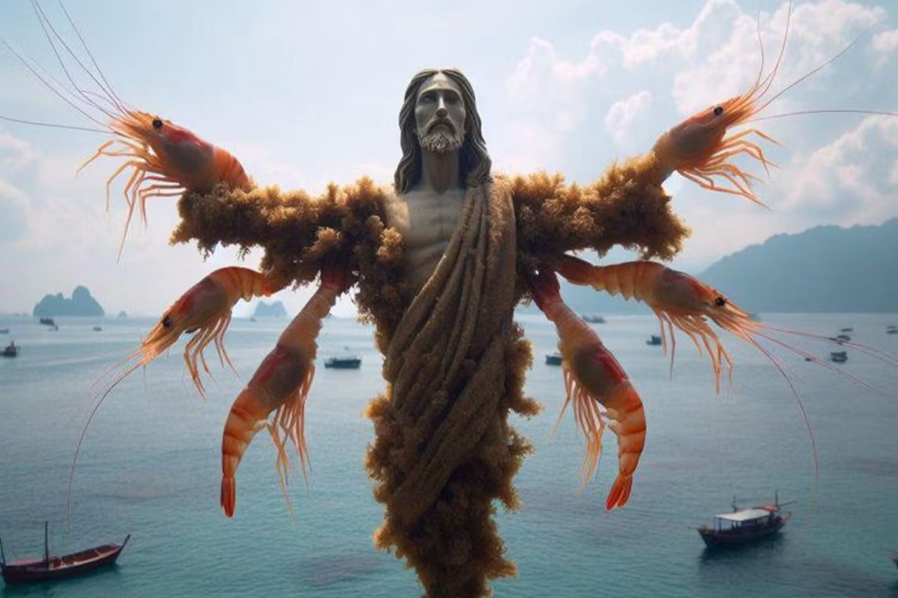 AI slop artwork of a floating robed figure with shrimp arms over a bay